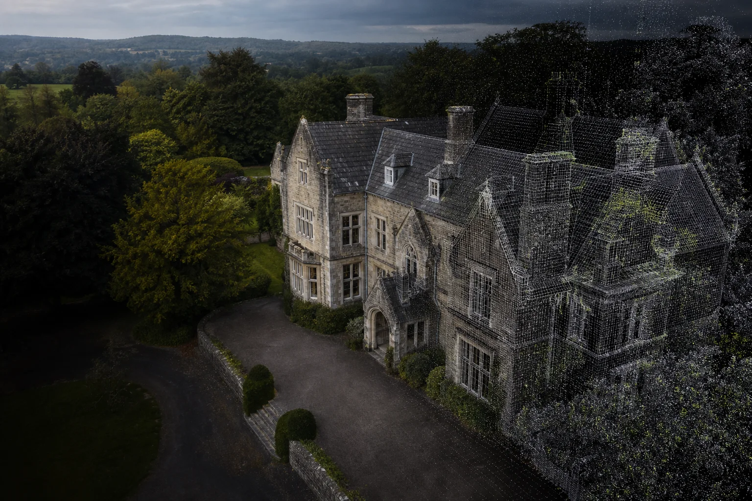 A Somerset stone building transitioning from aerial photography into a photogrammetry point cloud
